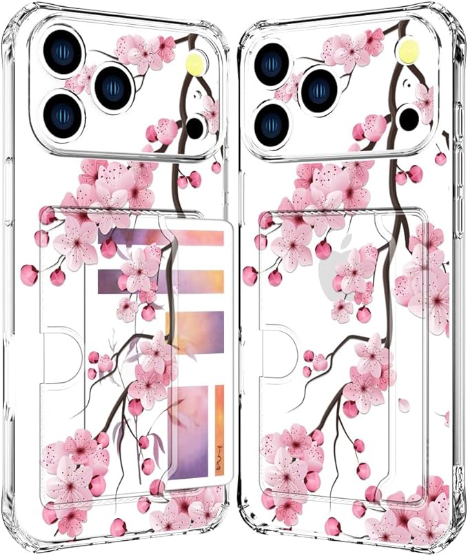 Compatible with iPhone 17 Pro Max Case Card Holder for Women Cute Design,Wallet Phone Cases Transparent Cool Kawaii Protective (Clear Sakura Peach Cherry)