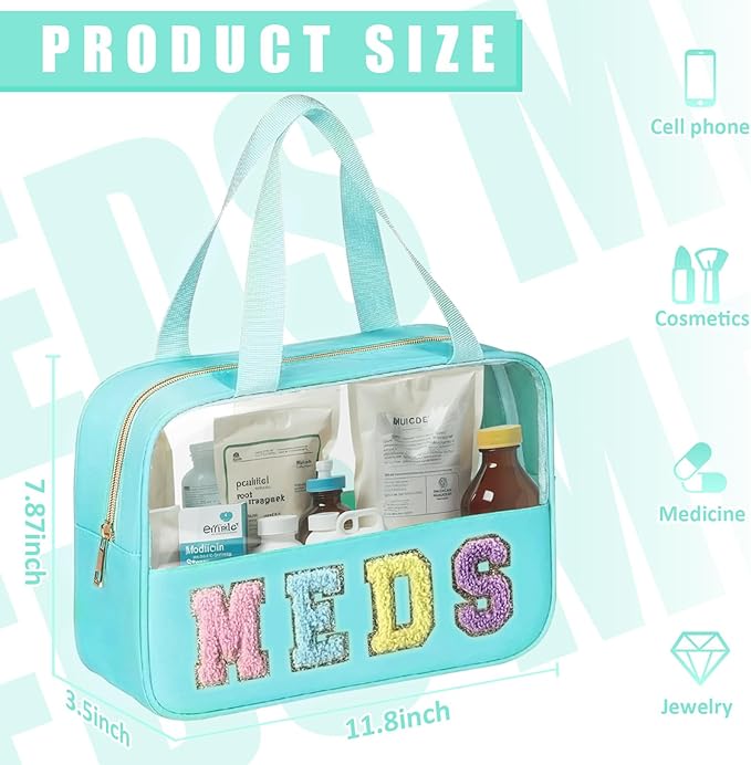 BuyCard Chenille Letter Patch Clear Travel Bags, Preppy PVC&Nylon Makeup Bag with Handle and Zipper, Waterproof Large Clear Travel Toiletry Bag Storage Bag for Women Girls