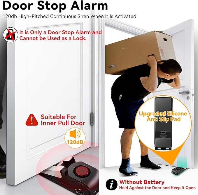 AceMining Door Stop Alarm with 120dB Siren, Floor Mount Type, Rubber Security Door Wedge for Home, Travel, Hotel, Pack of 4, Black