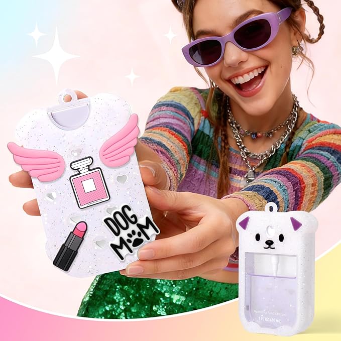 Juome Silicone Case for Touchland Hand Sanitizer Spray with Keychain & Charms, Dog Protective Holder Compatible with Touchland Power Mist & Glow Mist 1 FL Oz/30ML, Travel Cover Sleeve Accessory- Bling