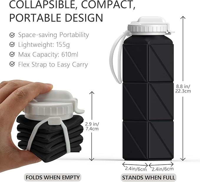 BEAUTAIL Collapsible Water Bottles with Straw 20.6oz, Silicone Foldable Portable Water Bottle, BPA-Free, Leakproof Reusable for Travel Camping Hiking Cycling Yoga Sports, 2 Pack (Black+Starlight)