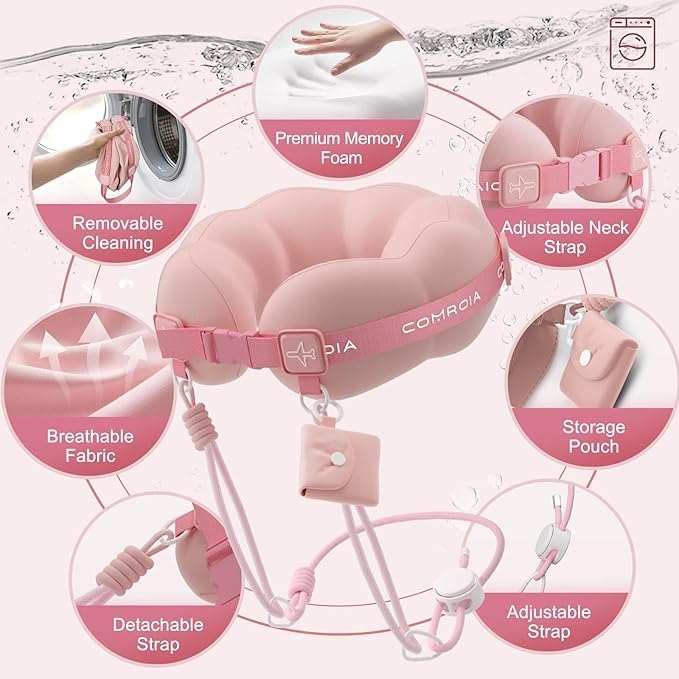 Travel Neck Pillow for Airplane Sleeping – 360° Head Support Prevents Bobbing, 100% Memory Foam Ergonomic Neck Cushion with No-Case-Needed Carry Strap for Long Flights & Car – Washable Cover (Pink)