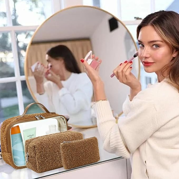 Bluboon 3Pcs Makeup Toiletry Bag for Women, Clear Packing Cubes Cosmetic Bag for Travel Women With Zipper Travel Essentials (Coffee Lamb Wool)