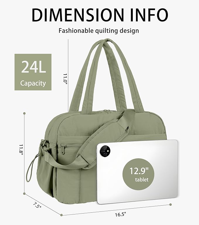 Lightweight Travel Duffle Bag for Women, Quilted Puffy Weekender with Wet Pocket for Gym, Overnight, Personal Item Carry On, Green
