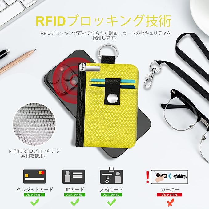Minimalist RFID Blocking Small Wallet with ID Window,WaterResistant Zip Id Case Wallet with Lanyard Keychain for Cards,Cash,Travel,Women,Men (Lemon Yellow)