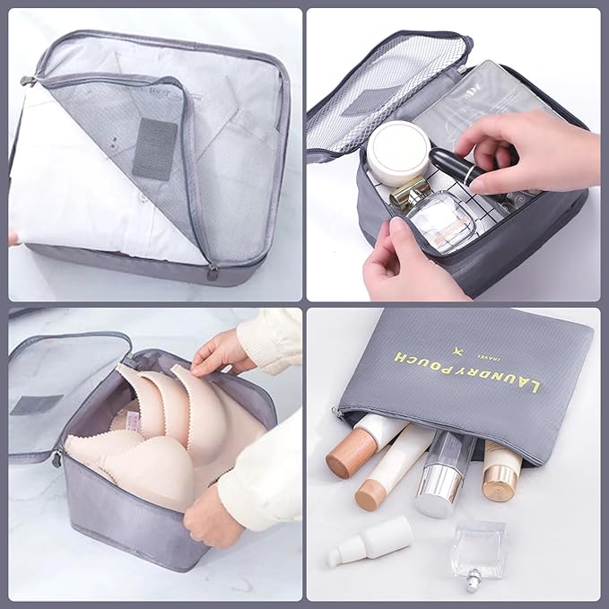 12 Set Packing Cubes for Travel Luggage Packing Bags Reusable Waterproof Suitcase Organizer Bags Set with Shoe Bag and Toiletry Bag (Black+Grey)