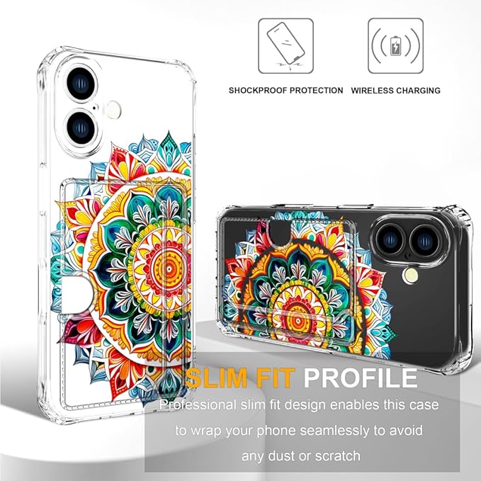 Compatible with iPhone 16 Case Card Holder for Women Cute Design,Wallet Phone Cases Transparent Cool Kawaii Protective (Clear Mandala Henna Flower)