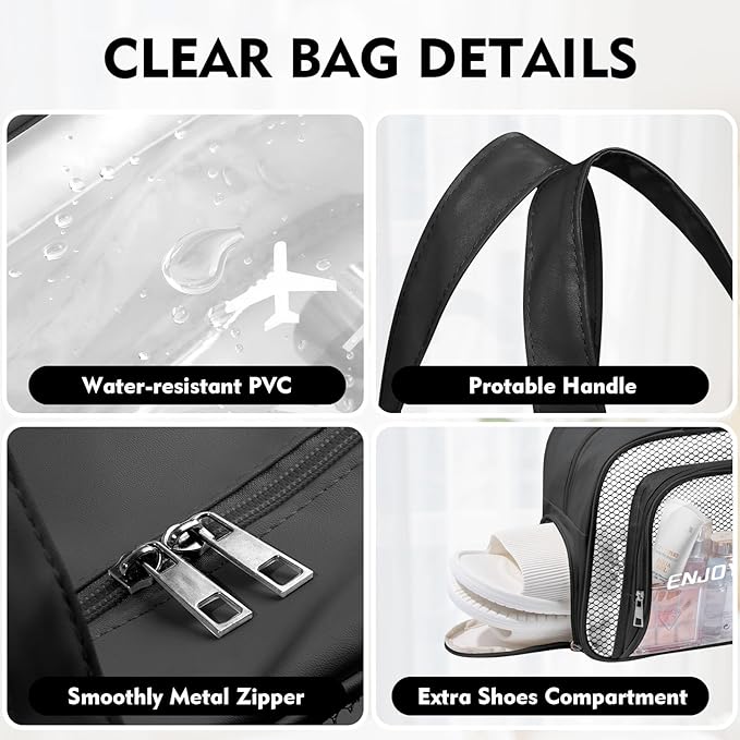 BuyCard Chenille Letter Patch Clear Travel Bags, Preppy PVC&Nylon Makeup Bag with Handle and Zipper, Waterproof Large Clear Travel Toiletry Bag Storage Bag for Women Girls