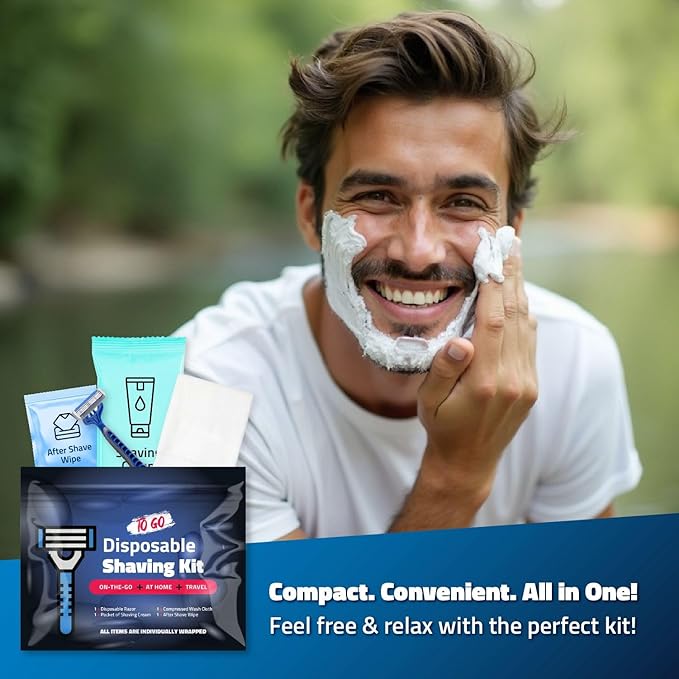 Compact Shaving Kit – Travel Shaving Essentials for Men & Women | Includes Disposable Razor, Shaving Cream, Washcloth & Aftershave Wipe | Hygiene Kit for Travel, Work & Emergencies (Green)