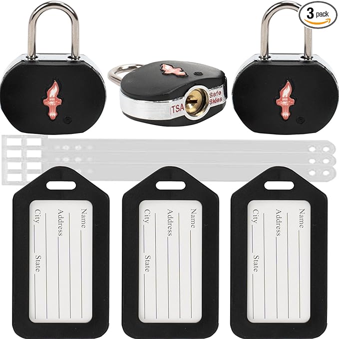 TSA Approved Luggage Locks 3 Pack with Luggage Tags | 6 Keys, Black Travel Lock Bundle - Solid Brass Core & Rubber Armor Padlocks for Suitcases, Backpacks (TSA Certified)