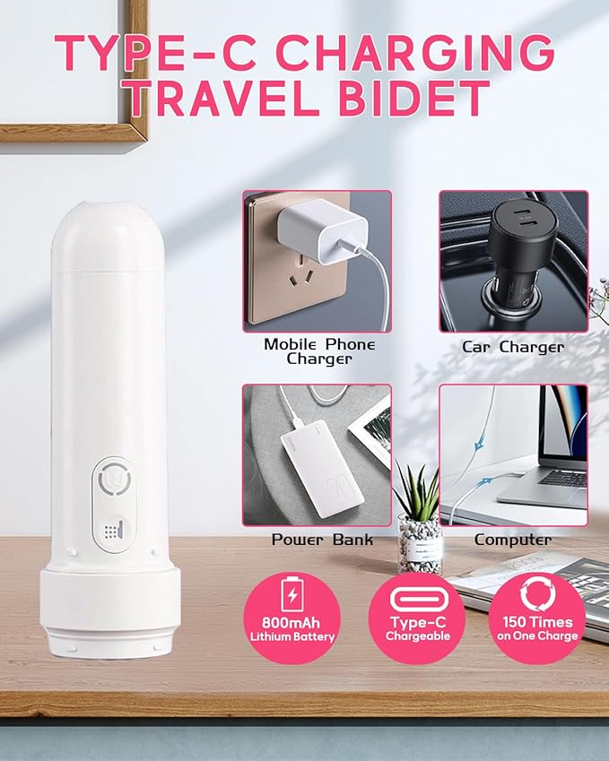 Portable Bidet - Handheld Travel Bidet with 3 High Spraying Modes, USB-C Rechargeable and IPX7 Waterproof for Women and Men Personal Hygiene Cleaning/Soothing Postpartum Care