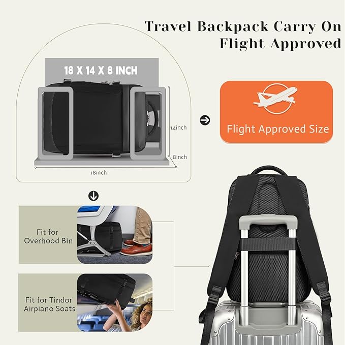Travel Backpack, Carry On Backpack Personal Item Travel Bag, Backpack for Women and Men, 18x14x8 inches Airline Approved Travel Bag 30L, Water Resistant Casual Backpack Fits 15.6''Laptop, Black