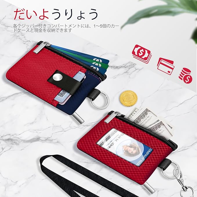 Minimalist RFID Blocking Small Wallet with ID Window,WaterResistant Zip Id Case Wallet with Lanyard Keychain for Cards,Cash,Travel,Women,Men (Red/Dark blue)