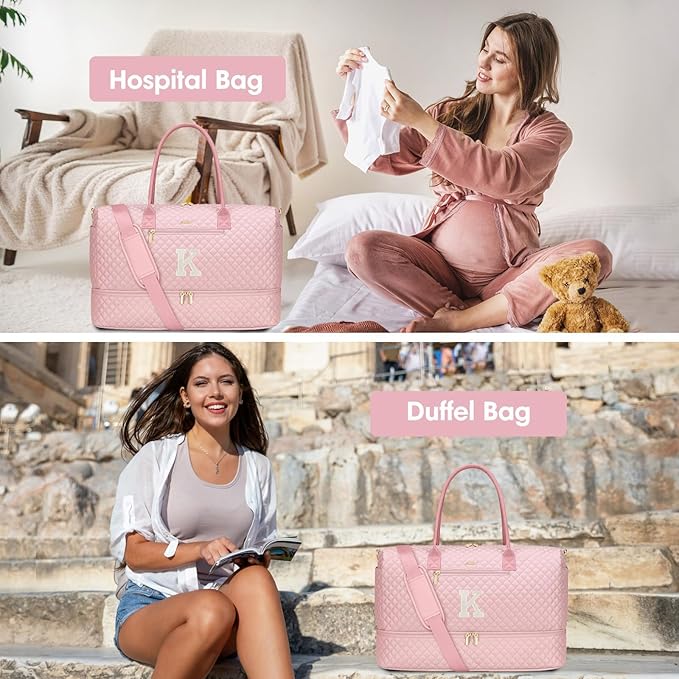 Letter Weekender Bags for Womens - Duffle Bag with Shoe Compartment Personalized Overnight Bag with Toiletry Bag Duffel Bags for Gym Hospital Bags Gift for Women Pink (Letter K)