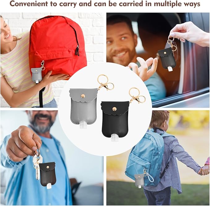 2Pcs Reusable Hand Sanitizer Holder, Portable Leather Leakproof Hand Sanitizer Keychain for Travel Outdoor (Grey+Black)