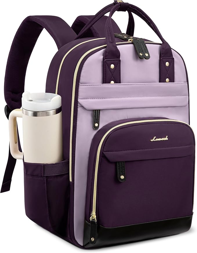 LOVEVOOK Laptop Backpack for Women with Giant Tumbler Holder Pocket,15.6 inch School College Book Bag Nurse Teacher Backpack,Work Travel Backpack Purse Laptop Computer Bag, Dark purple-Purple-Rust red