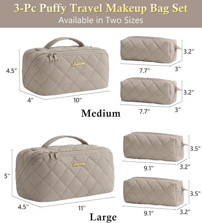 Travel Makeup Bag, 3 Pcs Large Capacity Puffy Toiletry Bag for Women, Open Flat Quilted Make up Cosmetic Organizer w/Handle & Clear Divider Water-resistant Portable Pouch Travel Essentials, M-Oatmeal