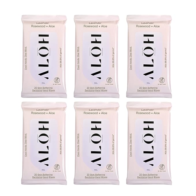 ALŌH Lavender Rosewood + Aloe Sanitizing Hand Wipes - Clean Hands, Clear Mind - On The Go Hand Sanitizer Wipes for Kids and Adults - Travel Size 6 Pack, 20ct (120 wipe)