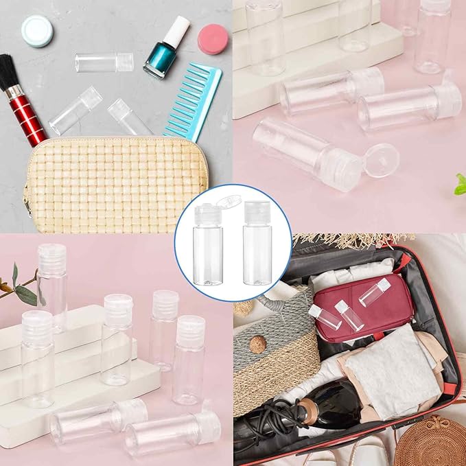 KALIONE Travel Size Make up Sample Containers, 12 Clear Plastic Mini Travel Bottles, 1/2 Oz, Leak Proof, User-Friendly, Versatile Usage for Travel Liquid Toiletries
