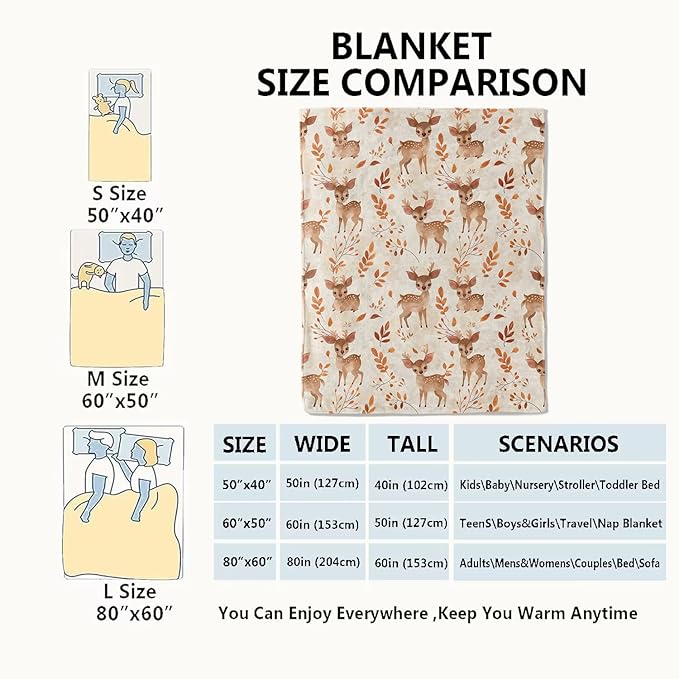 Whimsical Deer Blanket Cute Fawn and Autumn Leaves Throw Blankets Gifts for Kids Girls Lightweight Soft Fleece Cozy for Sofa Couch Bed Room Travel Birthday Decor 60x80in