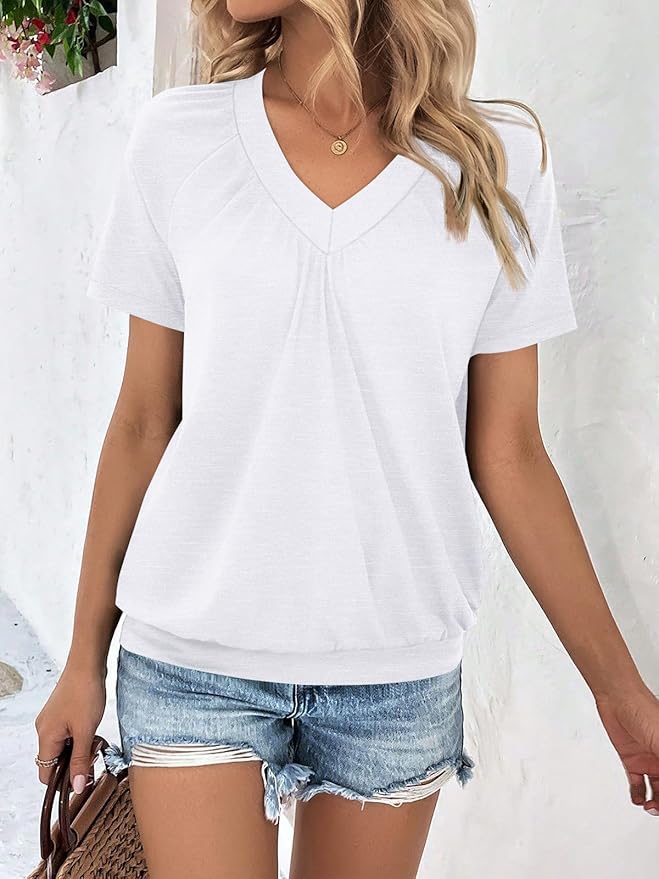 AUTOMET Womens Tops Short Sleeve V Neck T Shirts 2026 Summer Spring Beach Vacation Clothes Casual Loose Ruched Top