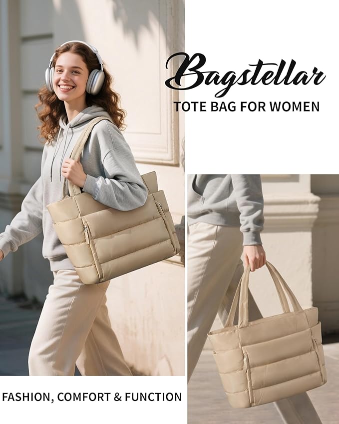 Bagstellar Puffer Tote Bag for Women, Lightweight Puffy Work Handbag Teacher Nurse Quilted Shoulder Bag for School Travel Gym | Cloud Bag w/ Zipper, Daily College Bags, 15.6" Computer Bag, Clinical Nursing Bag, 40 OZ Tumbler Holder, Ideal Gift for Women