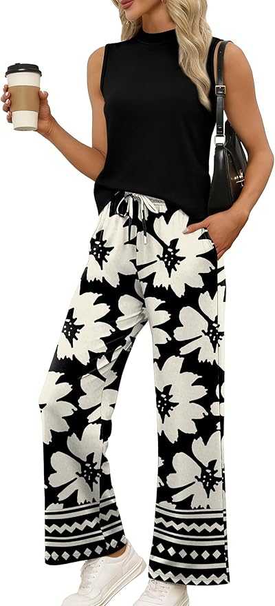 WIHOLL Two Piece Set for Women Summer Spring Outfits Cruise Travel Airport Beach Vacation Mock Neck Wide Leg Pants Set