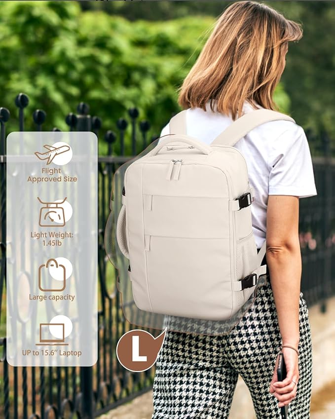 Pritent Travel Backpack for Women Man, Waterproof Laptop Backpack Travel Bag Airline Approved Carry on Weekender Overnight Bag Bookbag for Business,Travel, Work Fits 17.3 inch Laptop(Large,Beige)