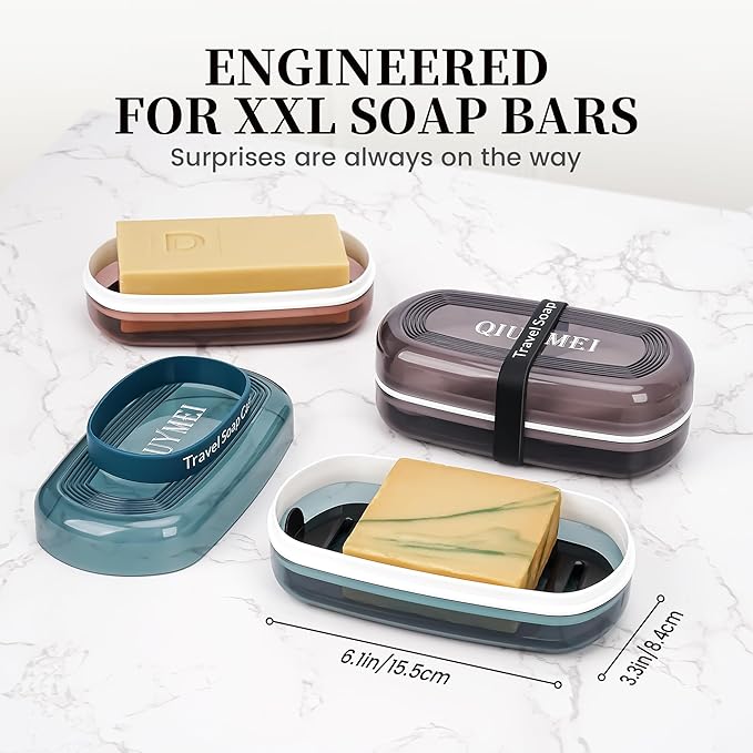 Shampoo Bar Holder Travel Case | Leakproof Soap Container with Lid & Drain Tray | Includes Silicone Strap and Soap Bag | Compatible with Kitsch Solid Shampoo and Conditioner Bars (Black, Large)