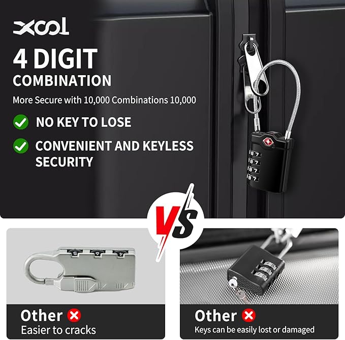 XOOL 2PCS TSA Approved Luggage Locks 4 Digit with Flexible Steel Cable, Resettable Luggage Padlock for Suitcases, Backpacks, Gym Bags & Travel Use