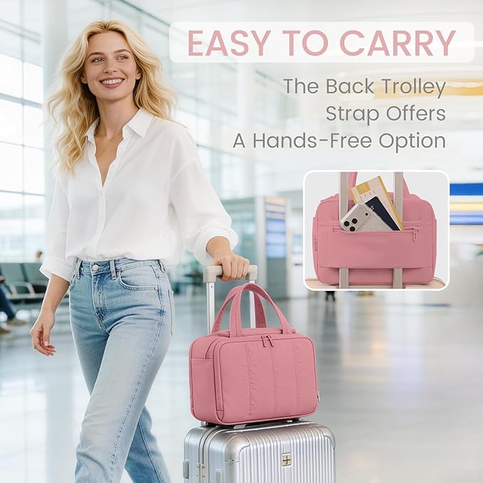 Travel Toiletry Bag for Women,Large Makeup Bag Organizer,Puffy Cosmetic Bag with Wet Dry Separation,Waterproof Toiletries Bag with Trolley Sleeve,Dark Pink