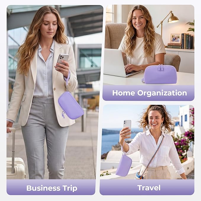 FYY Travel Cable Organizer - 8 Compartments Lightweight Water Resistant Tech Pouch with Wrist Strap, Portable Electronic Accessories Case for Cord Charger Storage for Travel Home Office Purple (Small)