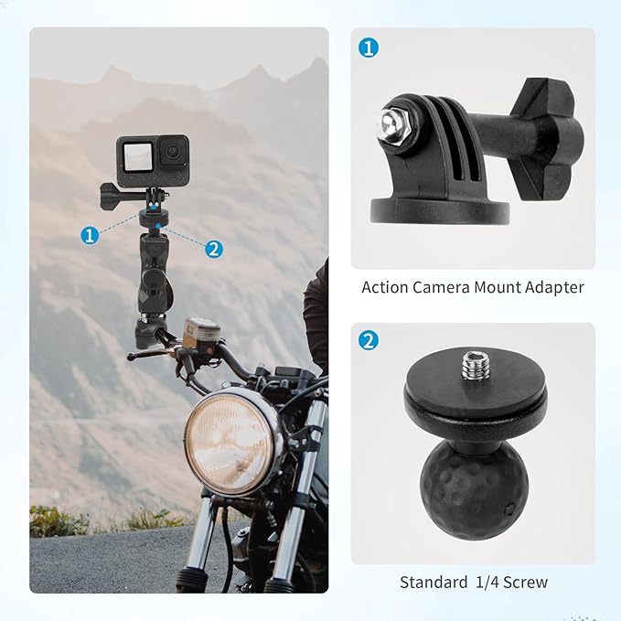 Bike Motorcycle Camera Mount Bundle Kit, 1/4" Screw & Tripod Mount Adapter, 360°Rotating Ball Head Base - Super Clamp Mounting for Most Action Camera, Rearview Mirror(0.35"-0.47") 75015