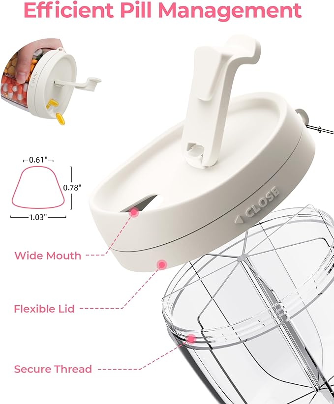 AMOOS Cute Pill Dispenser with 7 Large Compartments, Portable Pill Bottle Organizer with Wide Opening for Easy Use, Anti-Mix Pill Organizer for Travel, BPA-Free Pill Container, White