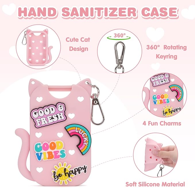 Silicone Case Holder Compatible with Hand Sanitizer Spray Touchland 1 fl oz, Cute Cat Ear Protective Case with Keychain & 4 Decorative Charms (Pink, 1P)