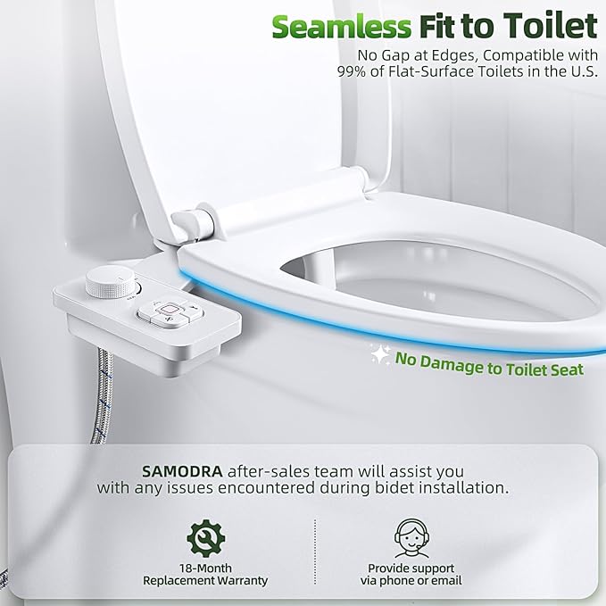 SAMODRA Bidet Attachment, Non-Electric Cold Water Bidet Toilet Seat Attachment with Pressure Controls, Retractable Self-Cleaning Dual Nozzles for Frontal & Rear Wash - White