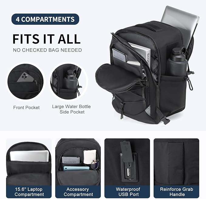 Carry on Travel Backpack, Flight Approved Personal Item Bag for Men Women, Door Lock, USB A/C Port, Shoe Bag, Fits 16" Laptop, Black