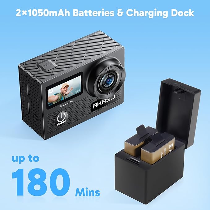 AKASO Brave 4 Action Camera with 256GB MicroSDXC U3 Card 4K30FPS 20MP Ultra HD 131FT Waterproof Underwater Camera EIS WiFi Remote Control 5X Zoom Sport Camera with Motorcycle Bicycle Accessories Kit