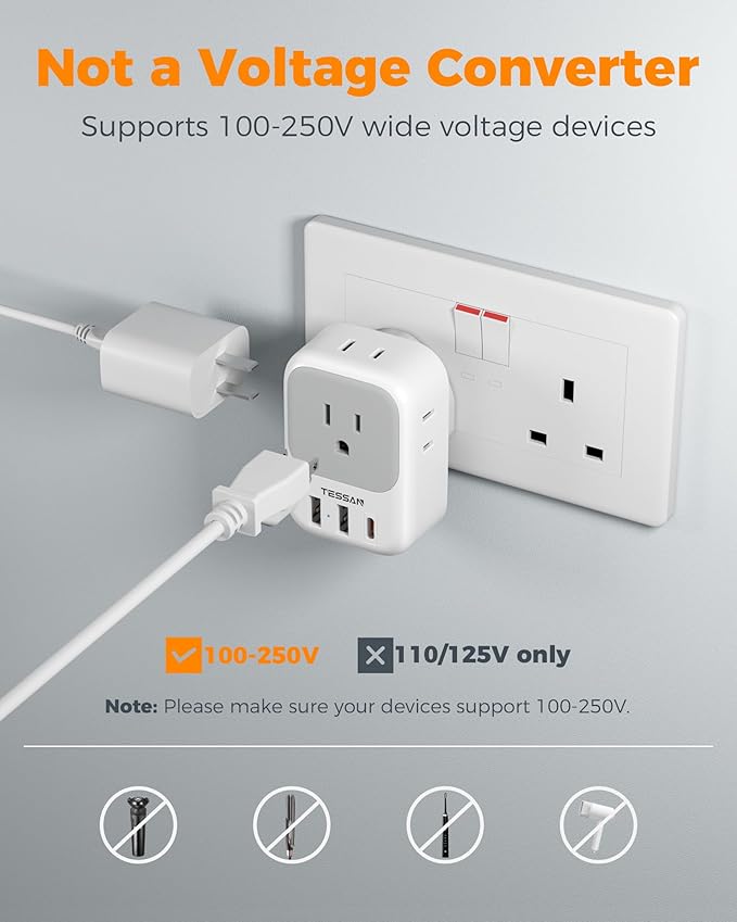 US to UK Plug Adapter, TESSAN Type G Travel Converter with 3 USB Charger(1 USB C Port), 4 Outlets Power Adaptor for USA to Qatar Ireland Hong Kong England Scotland Kenya Dubai London British
