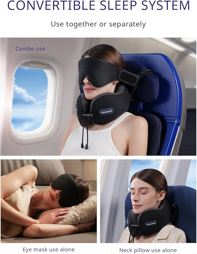 Travel Pillow, Neck Pillow Airplane with 3D Eye Mask & Seat Strap for Long Flight Sleep Road Trip, Dual-Density Supportive Foam, 360°Support Head, Neck & Chin Travel Essentials Black & Grey