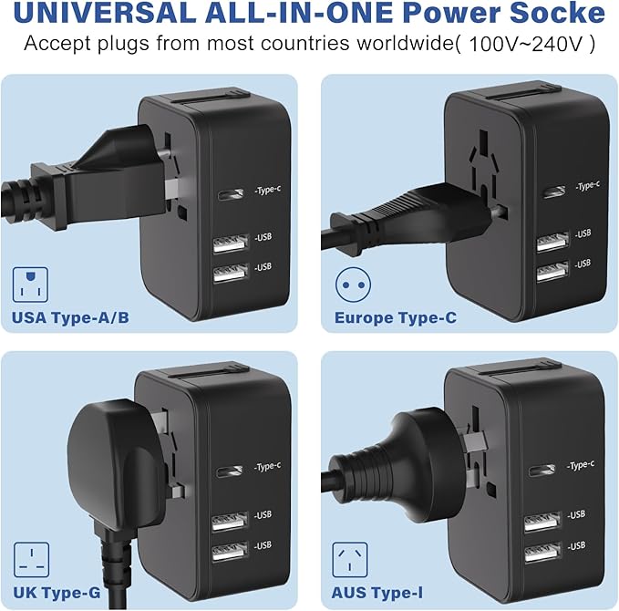 Travel Plug Adapter with 2 USB A+1 USB C,Universal All in One Worldwide Travel Adapter,Power Converters Wall Charger,AC Power Plug Adapter,International Power Adapter for USA EU UK AUS Black