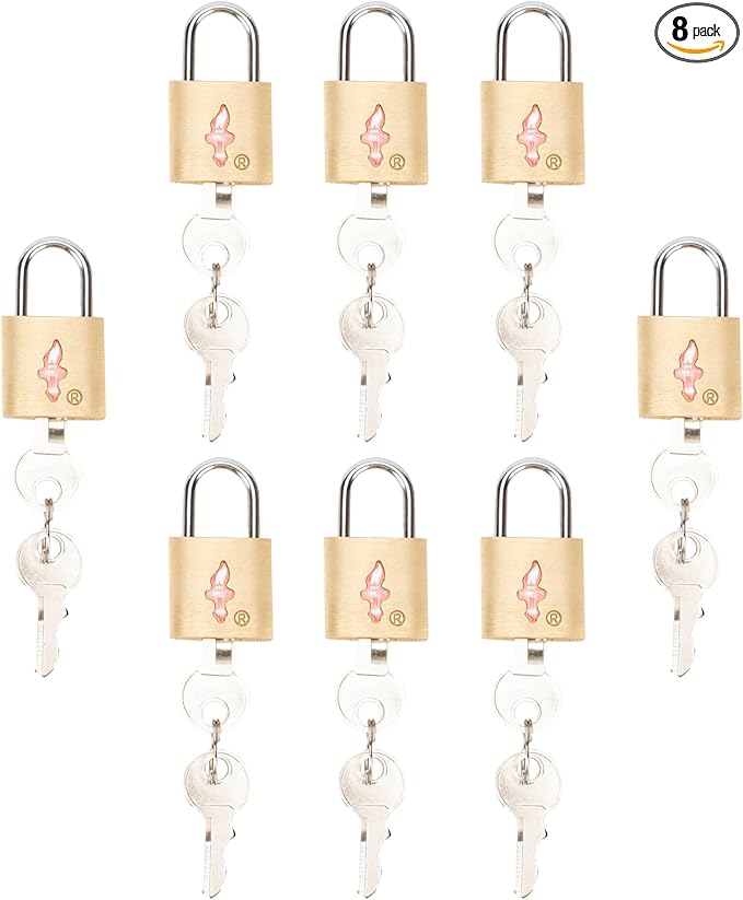 8 Pack Luggage Locks - TSA Approved + Key Padlock, Travel Locks for Suitcase, Carry On, Backpack, Laptop Bag. Gold