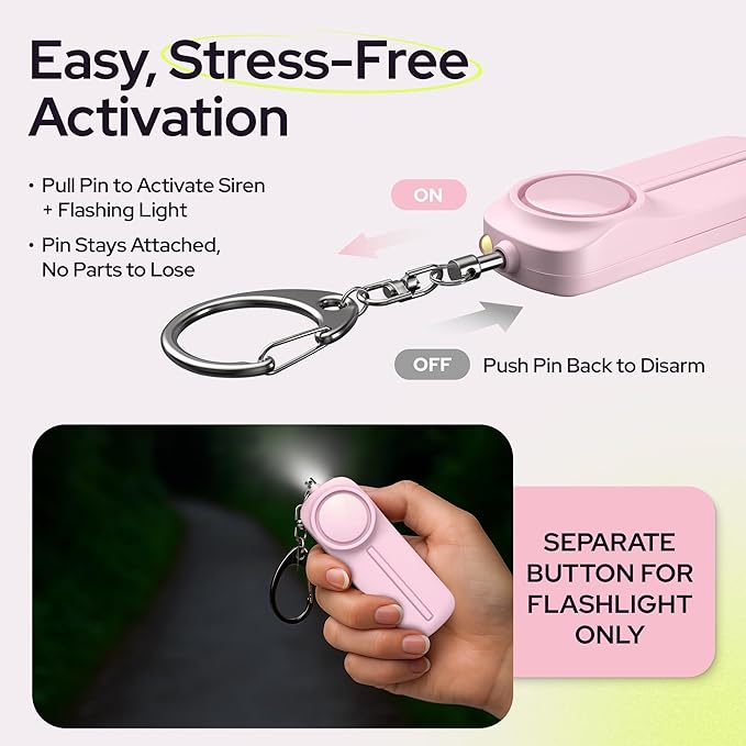 Weten Personal Safety Alarm Keychain - 130dB Siren, LED Light, Panic Pin – Compact Self-Defense Device and Emergency Whistle Alternative for Women, College, Travel, and Night Walk Protection (Pink)