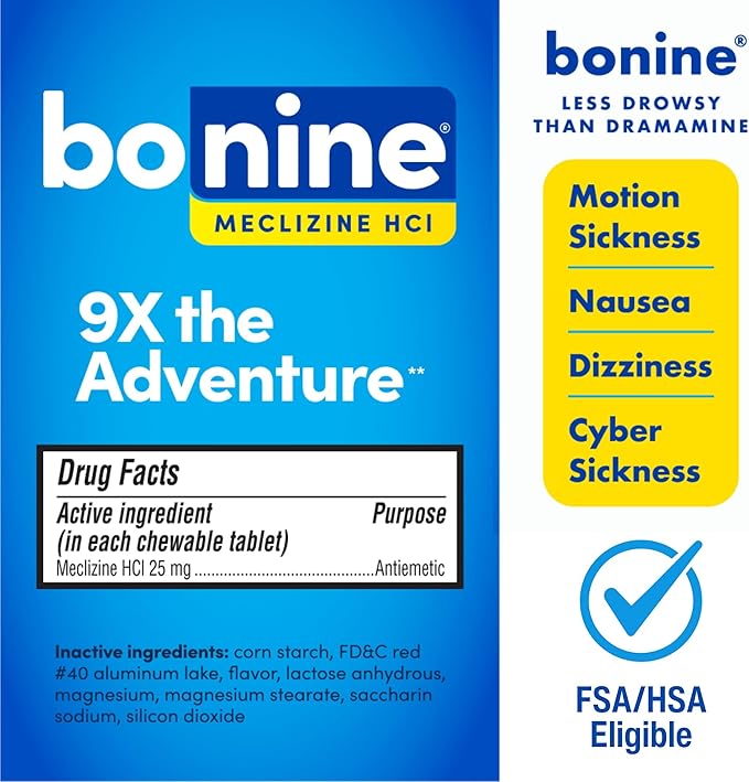 Bonine 48 ct. Non Drowsy Motion Sickness Relief, Sea Sickness, Car Sickness, Nausea, & Vomiting - Meclizine HCI 25mg, Travel-Sized - Raspberry Chewable Tablets
