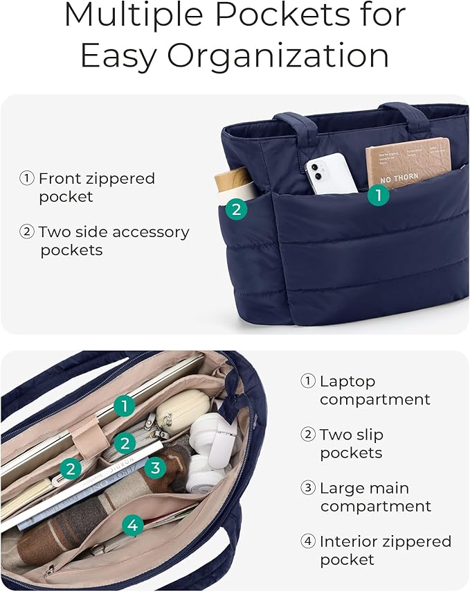 BAGSMART Tote Bag for Women, Lightweight Puffy Tote Bag with Compartments Shoulder Bag Handbag for Travel, Work, Gym | Lightweight, Puffy, Quilted, for Travel, Work