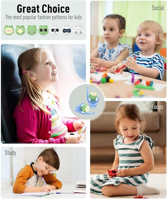 Kids Ear Plugs for Ear Pressure Relief, 2 Pairs Noise Reduction Soft Reusable Ear Plugs for Children, Airplane Travel Essentials for Sleep, Study, Focus, Noise Sensitivity (Blue: Jolly Jots)