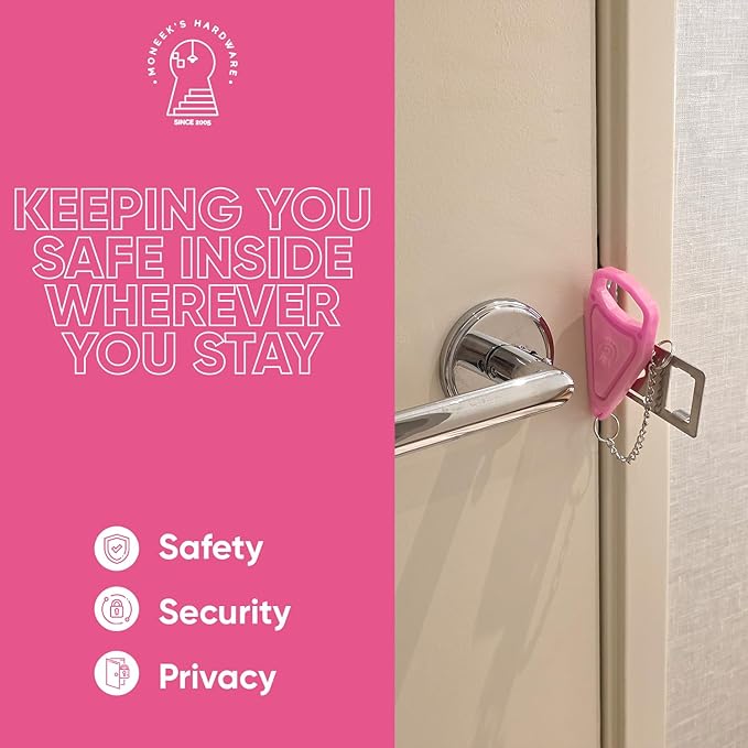 Portable Door Lock Extra Security Essential Safety & Privacy Travel Lockdown, Prevent Entry Stopper, Protect Family While Traveling Home Bedroom Hotel Apartment College (1 Pink)