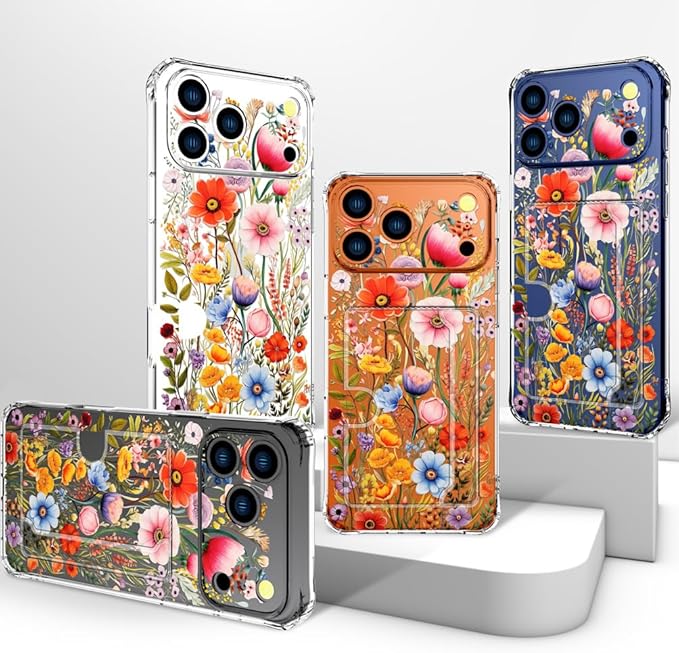 Compatible with iPhone 17 Pro Max Case Card Holder for Women Cute Design,Wallet Phone Cases Transparent Cool Kawaii Protective (Clear Flowers Lily Girly Florals)
