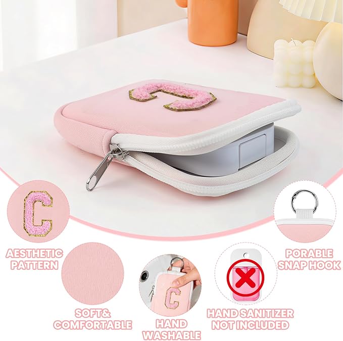 Shenier Alphabet Zippered Case with Keychain, Cute Design, Compatible with Touchland Power Mist Gentle/Glow Mist Hand Sanitizer Spray, Pink-C