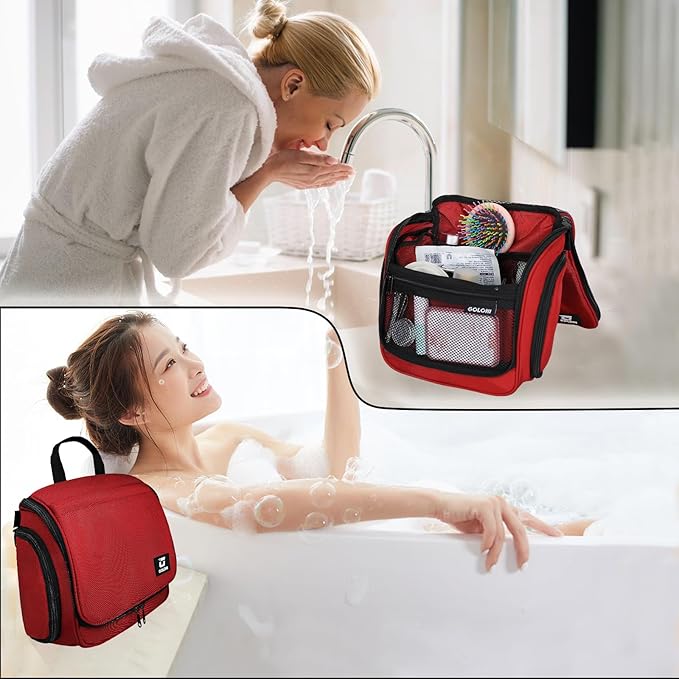 Goloni Hanging Toiletry Bag, 10 Compartments Water-Resistant Makeup Bag with 360° Spinning Metal Hook, Large Travel Cosmetic Organizer for Men & Women, Red (7.05oz)